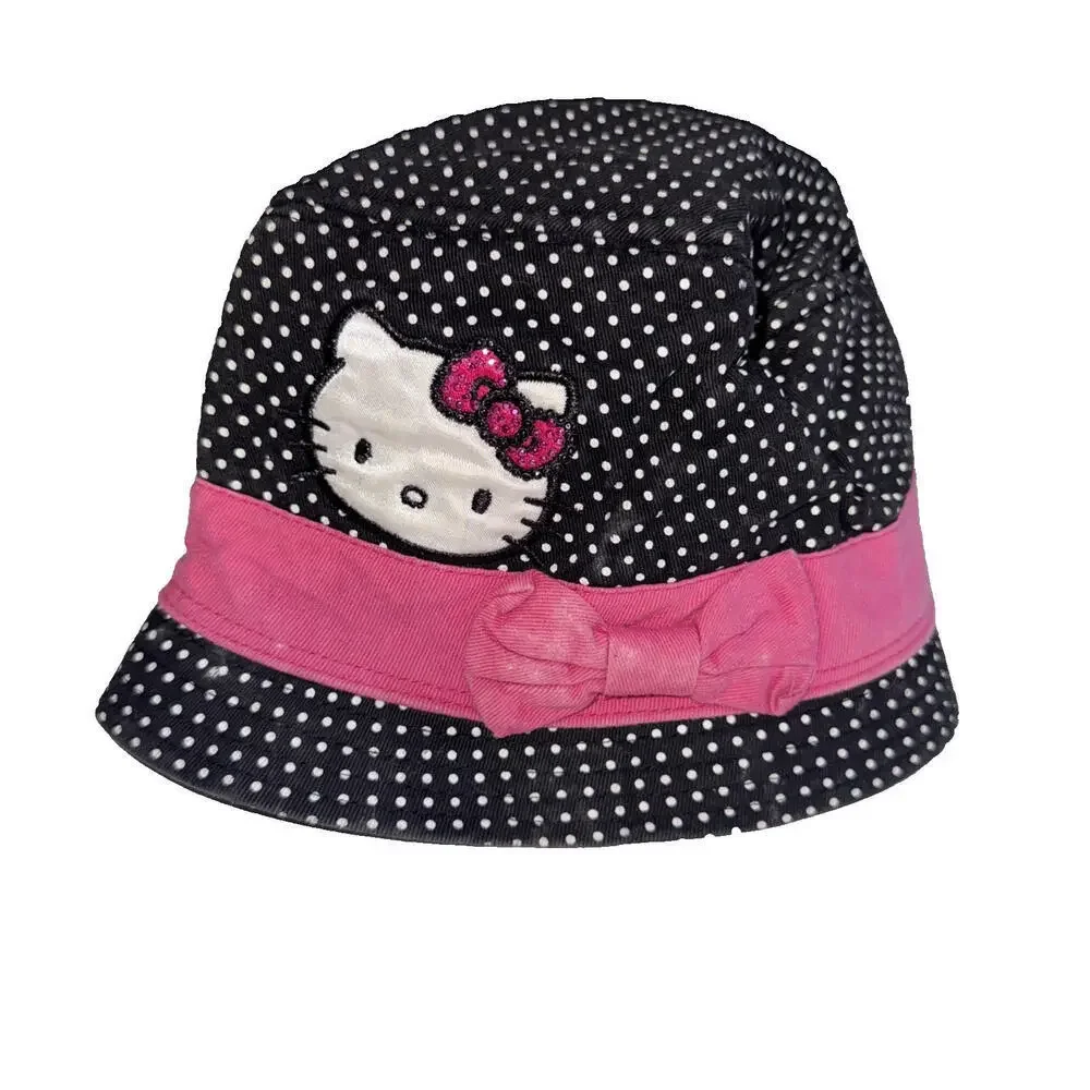 Hello Kitty Black Pink Y2K‎ Cat Cartoon Polka Dot Y2K Bucket Hat